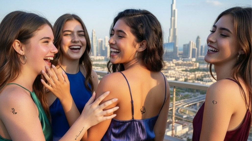 temporary tattoo, temporary tattoos, semi-permanent tattoo, semi-permanent tattoos Galentine’s Day gifts UAE, matching tattoos for friends, plant-based tattoo Dubai, girls night out ideas KSA